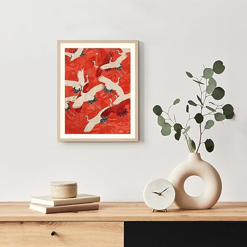 Miniatura 4 de C8BUSIS Lienzo enmarcado para pared, grúas coronadas rojas, impresiones artísticas de galería Grus Japonensis, arte japonés, decoración de pared,
