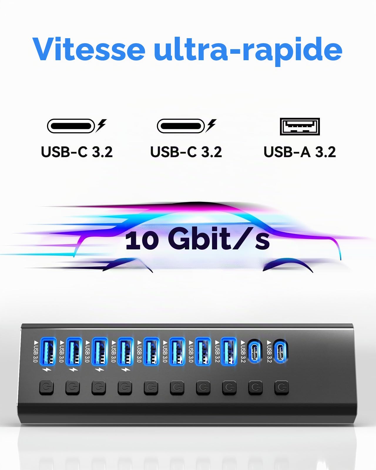 Powered Hub USB 3.2, hub 10 Ports 3.2/USB-C (10 Gbps A 3.2 + 2 C + 7 3.0 Ports) avec interrupteurs Marche/arrêt individuels et Adaptateur d'alimentation 12 V, Protection en Aluminium