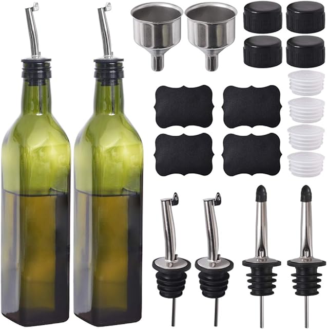 Newk Olive Oil Bottle, 500 ml Glasses Oil & Vinegar Cruet with Pourers + Funnel, Olive Oil Dispensing Cruets, Decanter, Carafe for Kitchen - Green, Set of 2
