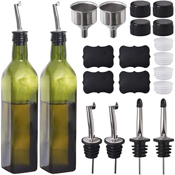 newk olive oil bottle 481.9 g / 500 ml glasses oil & vinegar cruet with pourer + funnel olive oil dosage cruet decanter carafe for kitchen - green pack of 2