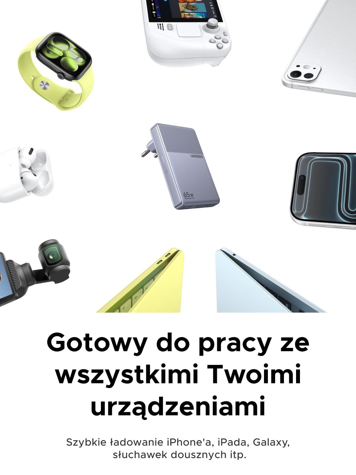 UGREEN Ładowarka USB-C 65W, cienka, 1,45 cm, składana wtyczka, 3 porty | Ultrapłaski szybka ładowarka GaN do podróży i biura, kompatybilna z MacBookiem Pro/Air/Neo, iPhone'em 17/16, iPadem, szara
