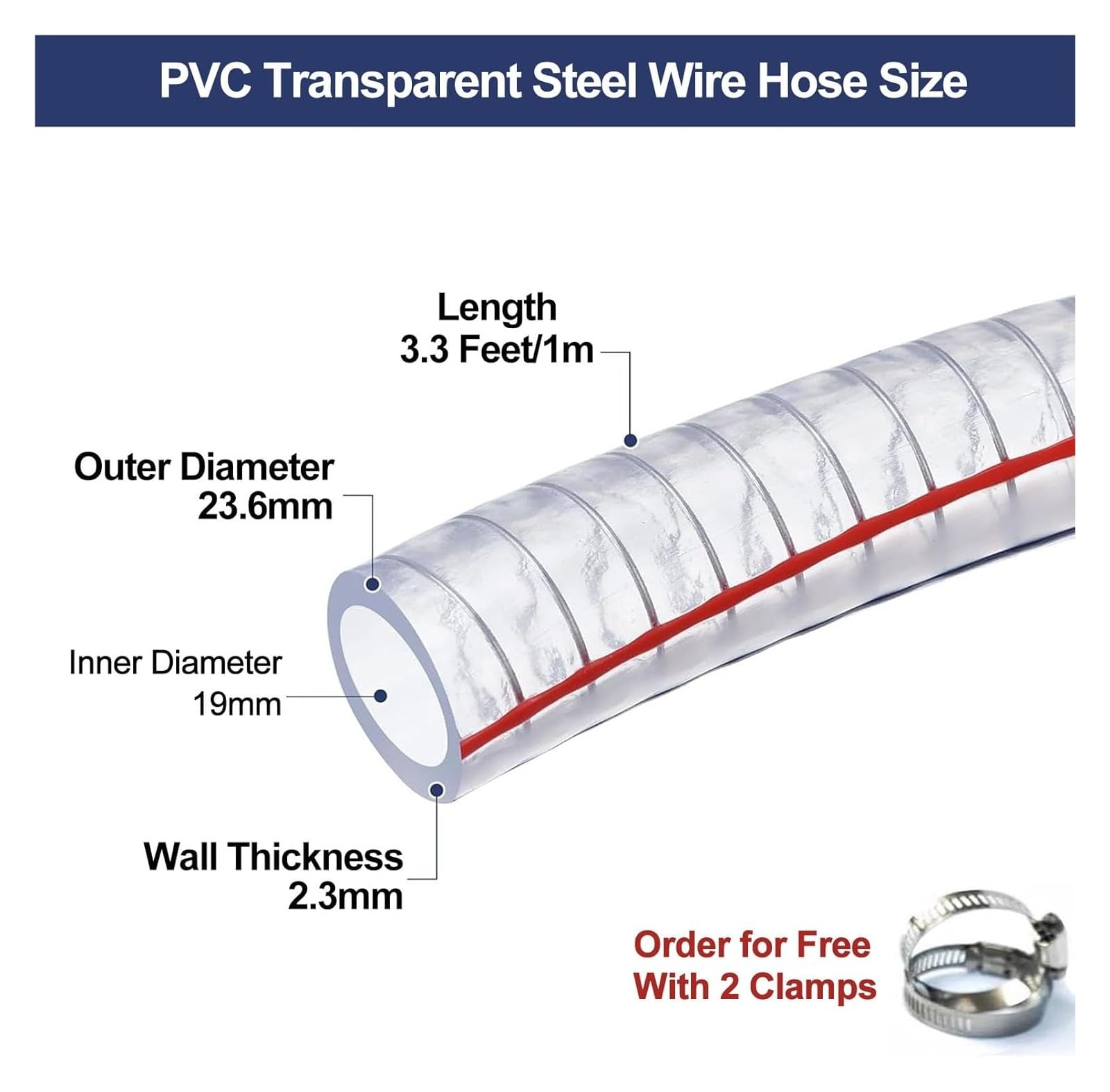 Manguera de alambre de acero del Pvc, Manguera de vinilo alta presión, tubo bomba fuerte 1M, transparente, diámetro interior 19MM con 2 abrazaderas, buena capacidad soporte(Thickness 2.3 mm)