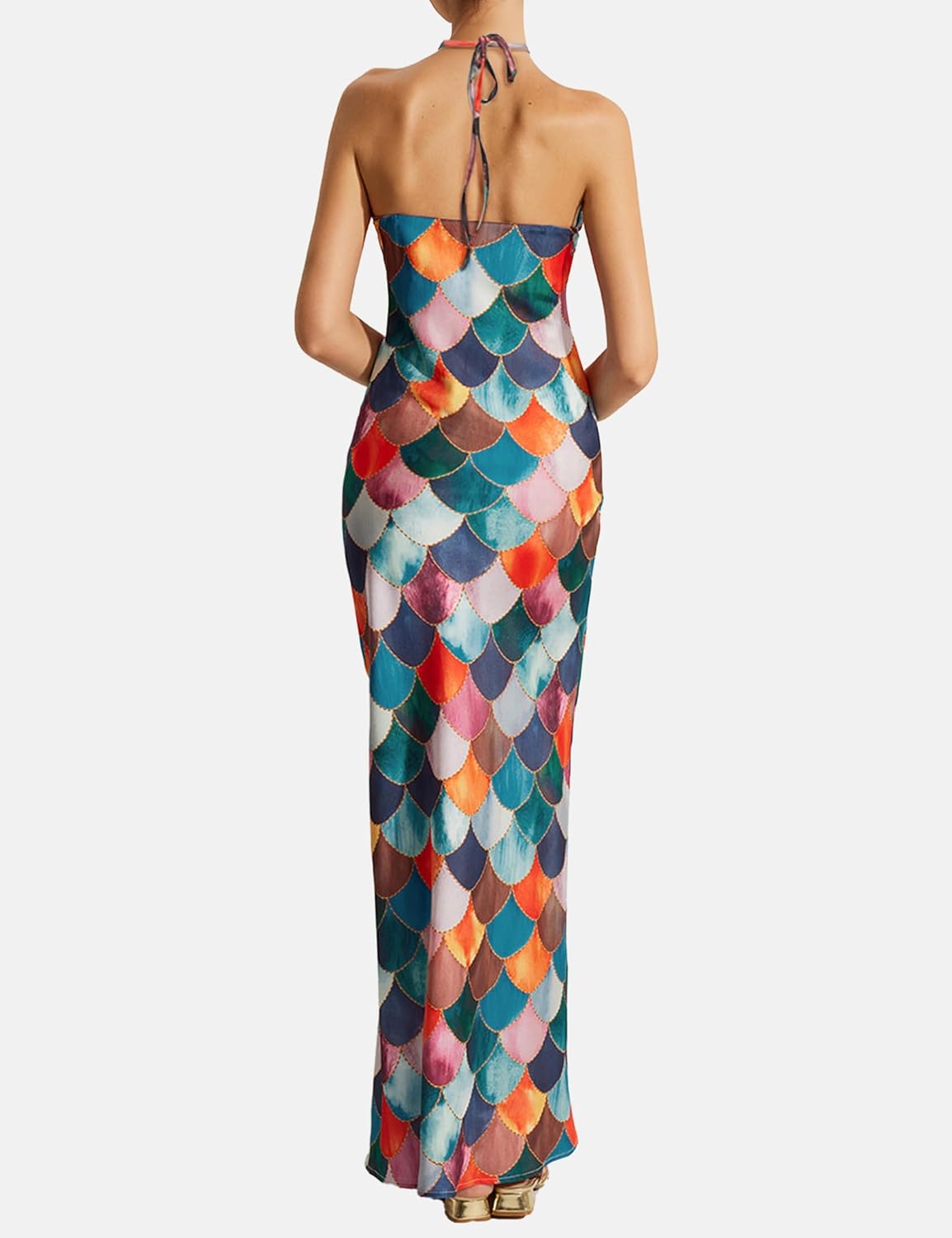 Women's Sexy Backless Halter Maxi Dress Sleeveless Slim Fit Bodycon Long Dress with Colorful Plaid Print for Party Clubwear - Image 4