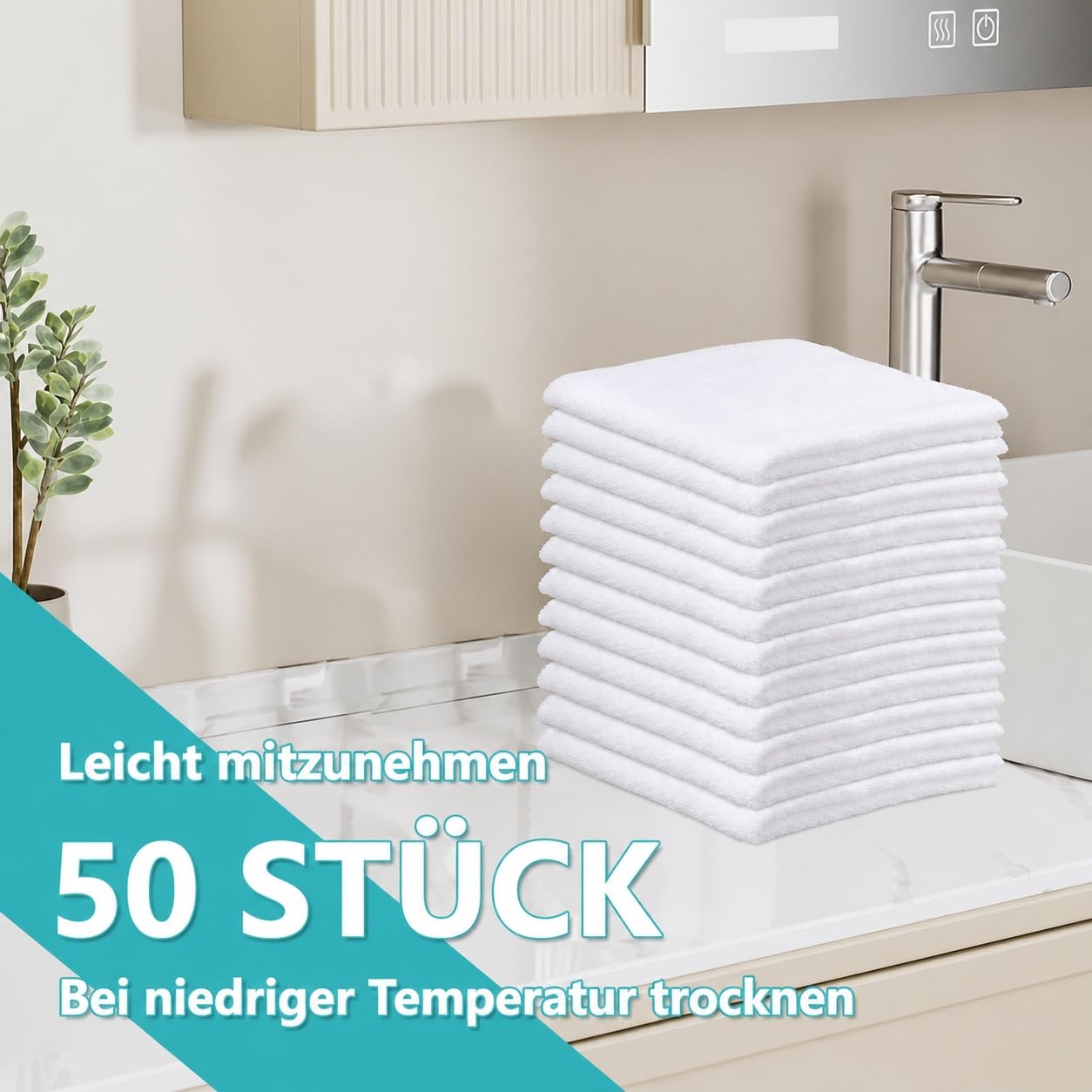 Lot de 50 gants de toilette en coton - 30 x 30 cm - Blanc - Petits et absorbants - Pour salle de bain, hôtel, salle de sport, spa et soins du visage