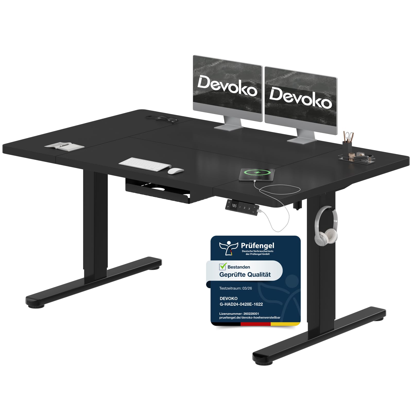 Devoko Höhenverstellbarer Schreibtisch 140x80cm mit Typ-C Ladeanschluss, Schreibtisch Höhenverstellbar Elektrisch, Mobiler Elektrisch Computertisch mit Kabel Management Tray, Schwarz