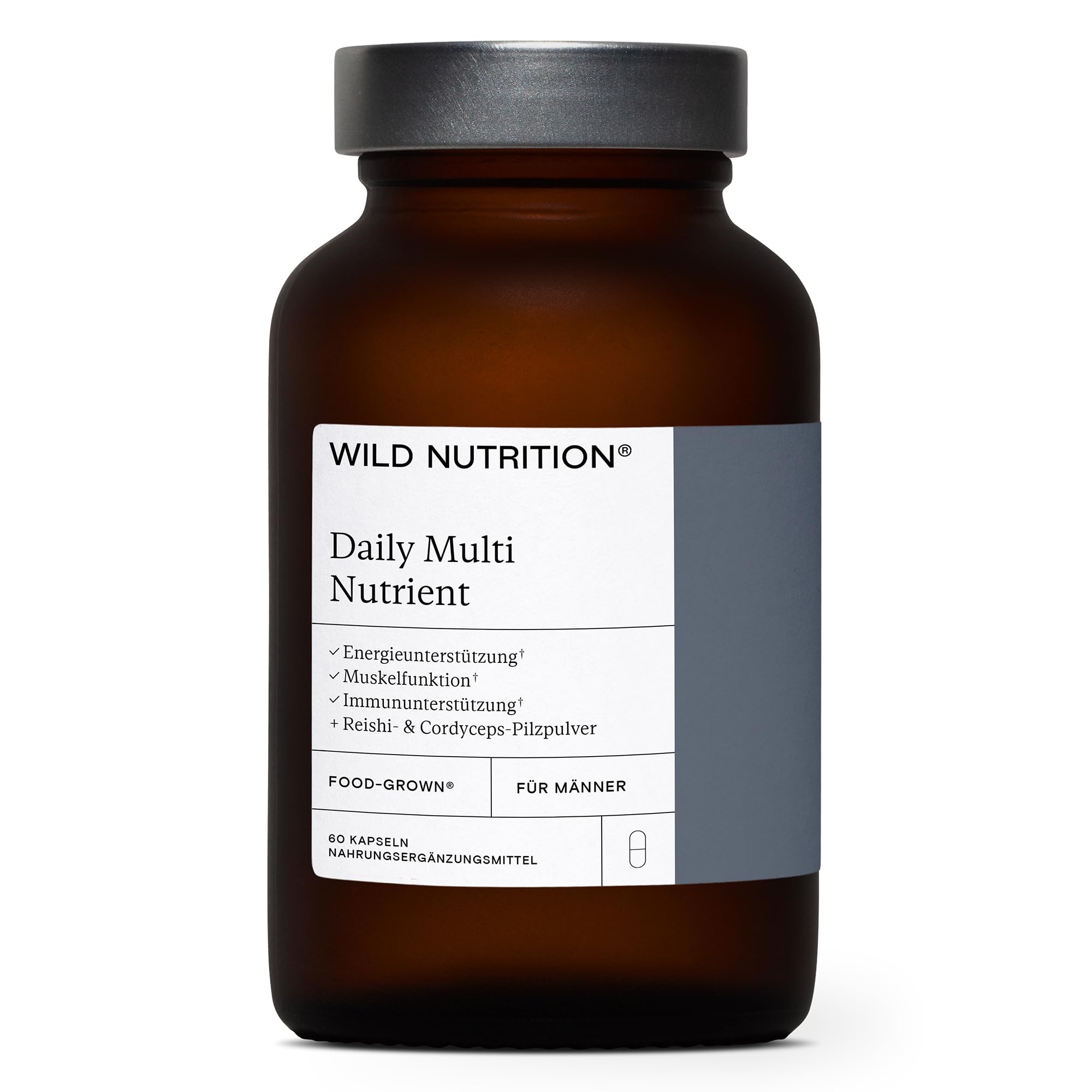 WILD NUTRITION ​​Food-Grown® Tägliches Multivitamin für Männer, Zink und Vitamin C zur Muskelregeneration + Energie & Immun-Support | Breitspektrum Multivitamine für Männer | 60 Kapseln