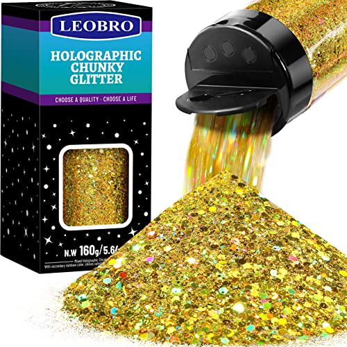 LEOBRO Gold Glitter, 160g/5.64oz Holographic Chunky Glitter for Crafts, Resin, Nail Body, Tumblers, Party Decorations