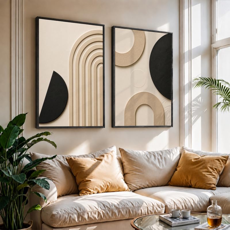 Image of NoWorries Abstract Geometric Wall Painting Set of 2 with Frame | Black Beige Arch & Circle Texture Artwork, Modern Minimal Wall Decor for Living Room, Bedroom, Office and Home Decoration (Art-20, 17x25inch)