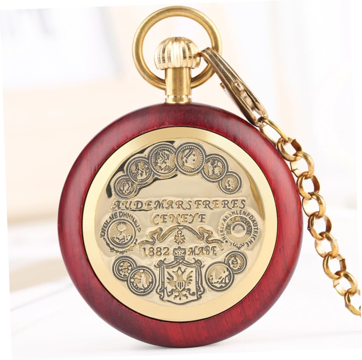 Ciieeo Vintage Mechanical Pocket Watch with Hanging Chain Design, Copper Frame with Wood Grain Pattern, Roman Numeral Dial, Antique Style for Men’s Casual and Formal Wear