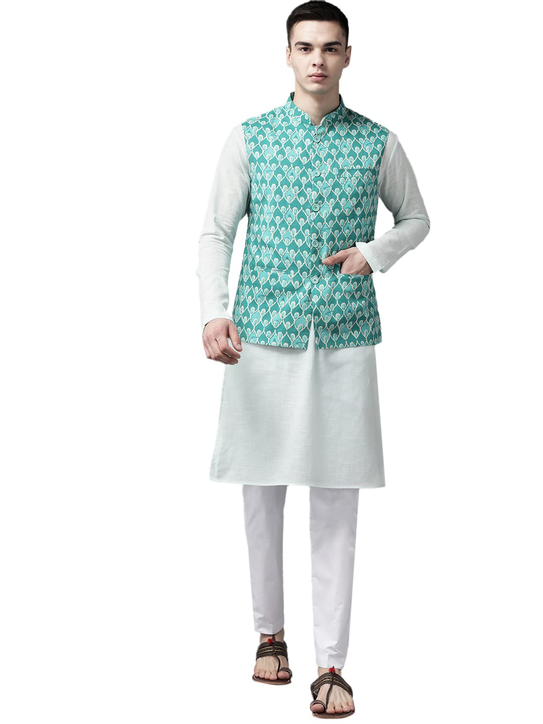 See Designs Men Green & Beige Printed Pure Cotton Kurta Pyjama With Nehru Jacket_Sdnj22801M