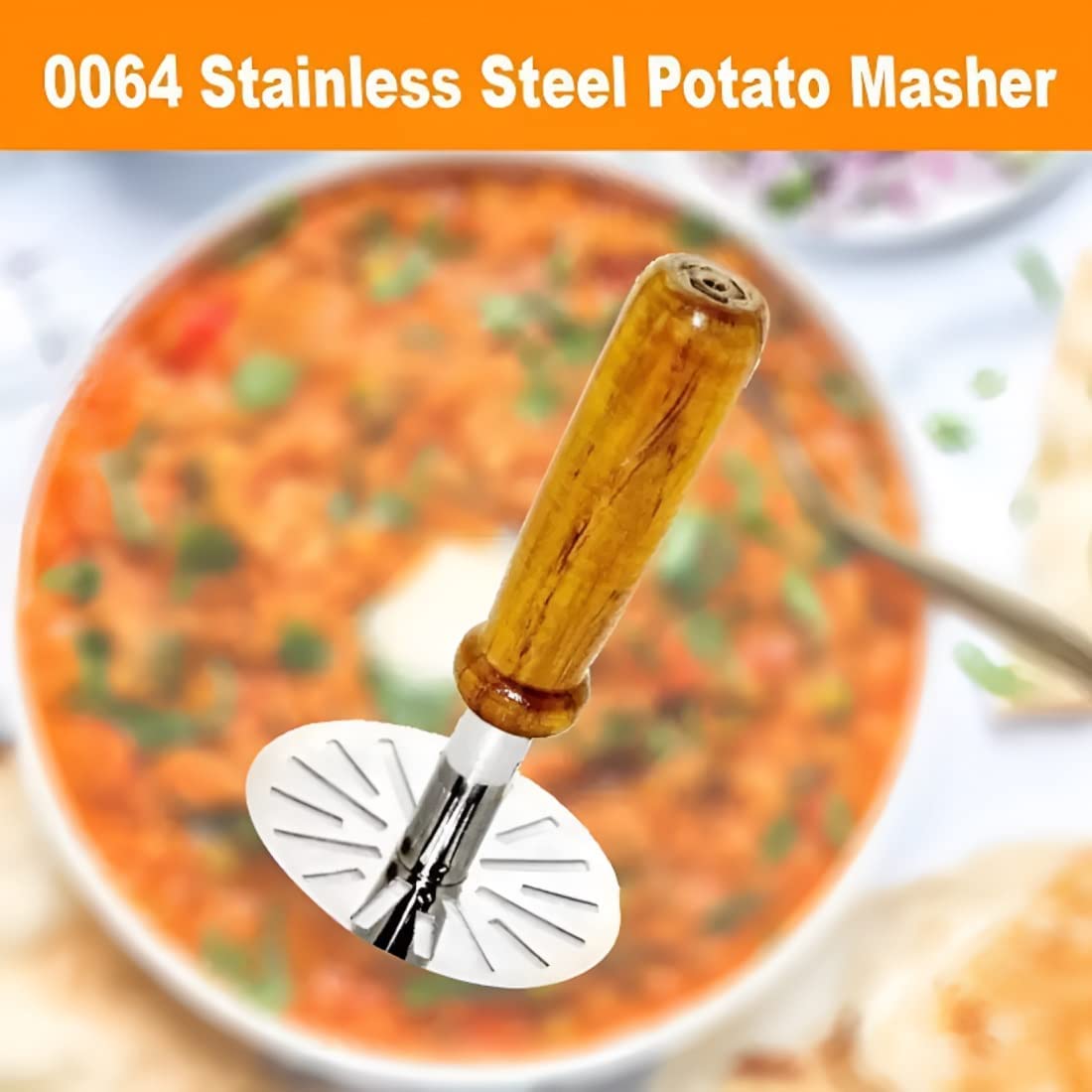 DeoDap Kitchen Stainless Steel Potato Masher, Pav Bhaji Masher with Wooden Handle - Image 8 thumbnail