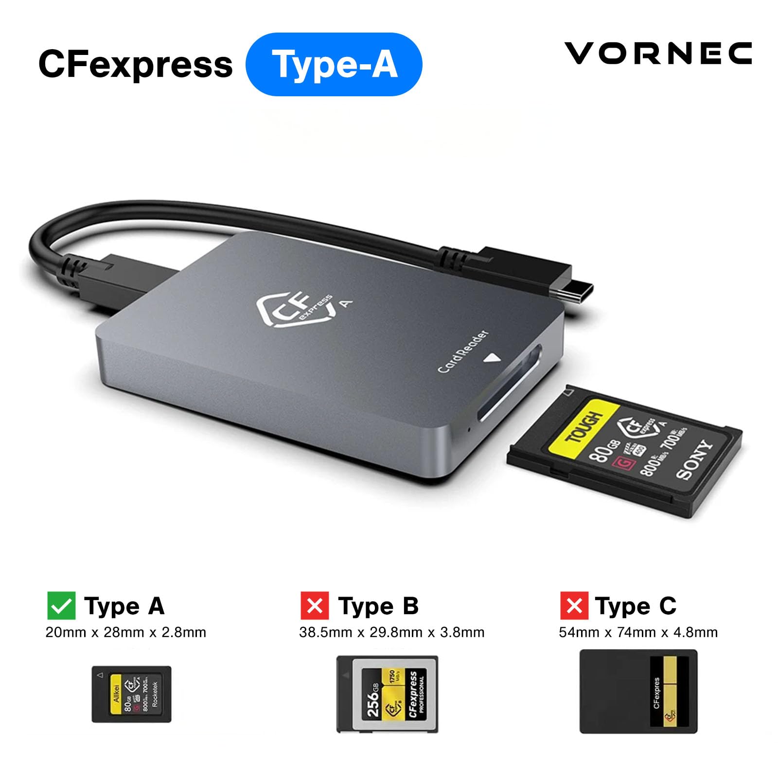 CFexpress Typ A Kartenleser, 10Gbps Typ A CFexpress Kartenleser Adapter USB C auf USB C/USB A Speicherkartenleser mit USB 3.1 Gen2 Übertragungsgeschwindigkeit, kompatibel mit Windows/Mac/Linux