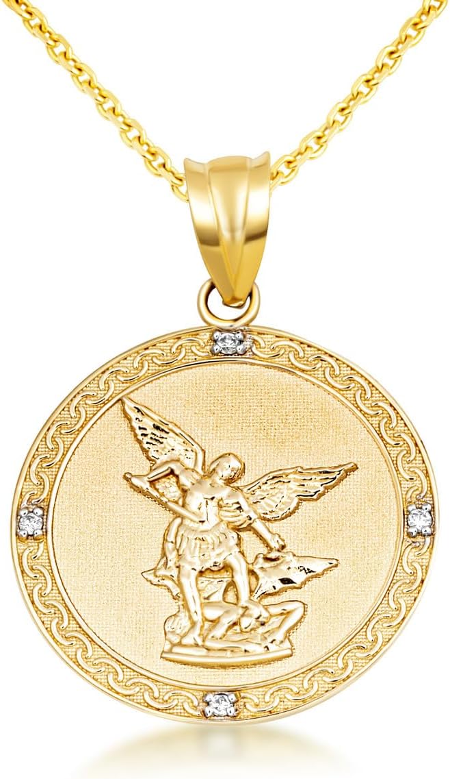 14k Gold Saint Michael The Archangel Diamond Medal Necklace (1"), 22"