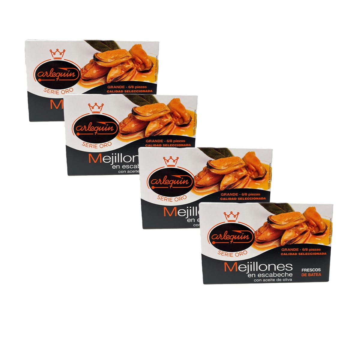 ARLEQUIN Serie Oro Mejillón en Escabeche, Pack de 4 Latas de 120 grs. y 6/8 Unds (480 grs. y 24/32 Unds)