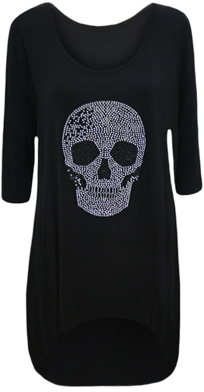 WearAll Womens Plus Size Skull Tail Back Dip Hem Ladies Long Scoop Neck Sleeve Top - Black - 26/28