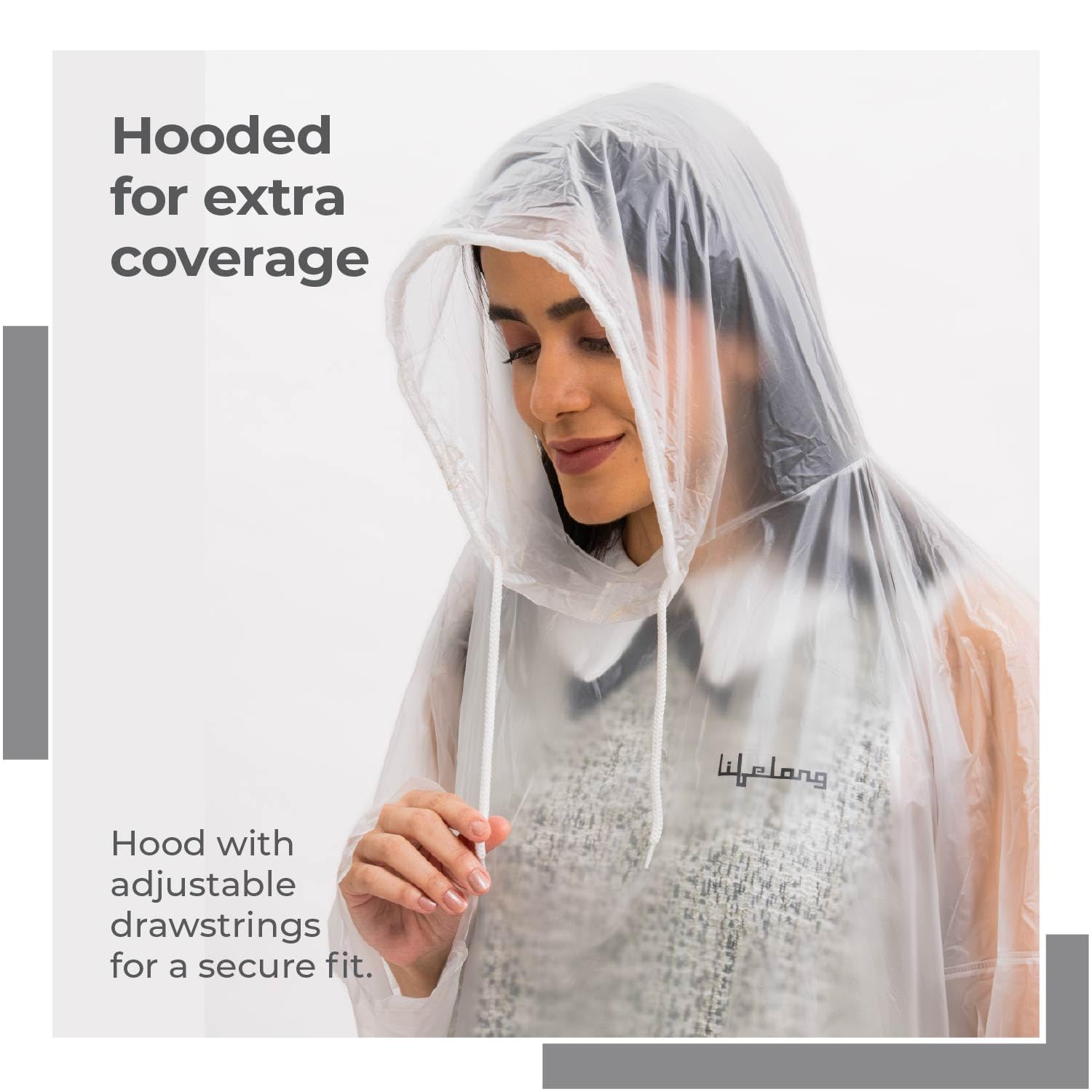 Lifelong Waterproof Unisex Raincoat | Hooded Full Sleeves Outdoor Poncho for Men, Women, Boys & Girls | Durable PVC Rainwear for Camping, Hiking, Travelling | Adjustable Drawstring |Transparent (1 Pc) - Image 3 thumbnail