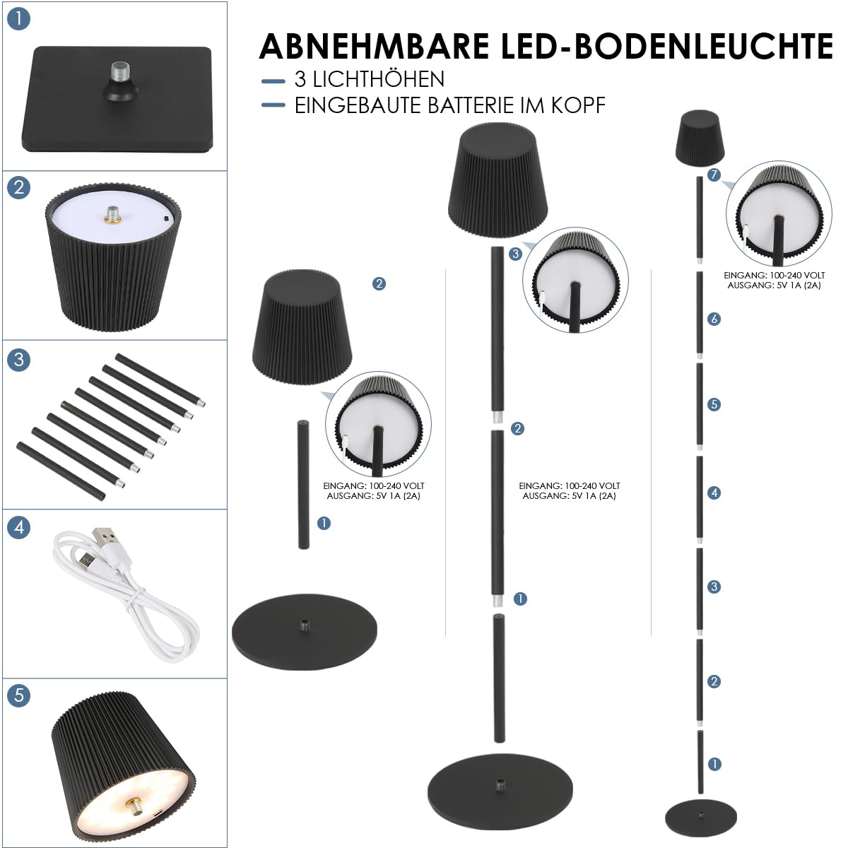 130 cm Stehlampe outdoor LED Tischleuchte für Außen & Innen - kabellose Stehleuchte mit Touchdimmer - dimmbare LED (inkl.) Stehlampe IP54 für Terrasse, Garten, Balkon & Wohnzimmer - schwarz