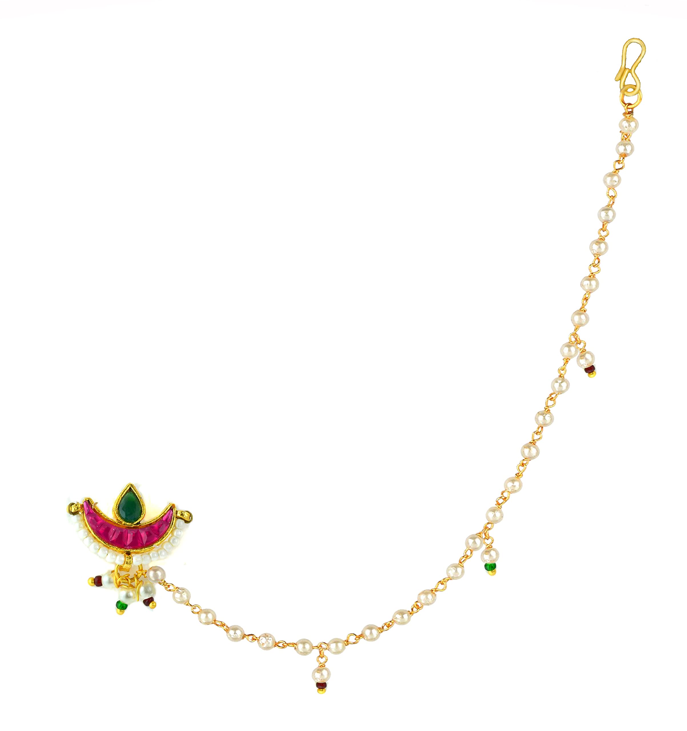 JEWELOPIA Gold Plated Nath Pearl Double Chain Non Pierced Clip on Besar Nathiya For Women (Moon style) (B09SZ2GKXP) Amazon Price History, Amazon Price Tracker