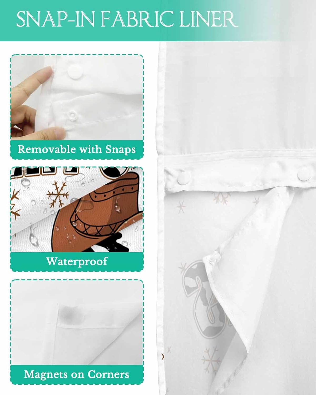 No Hook Shower Curtain with Snap in Liner,Western Christmas Cow Texture Tree Waterproof Bath Curtain with See Through Top Window,Merry Xmas Quote Winter Snow Shower Curtains for Bathroom,48x72in