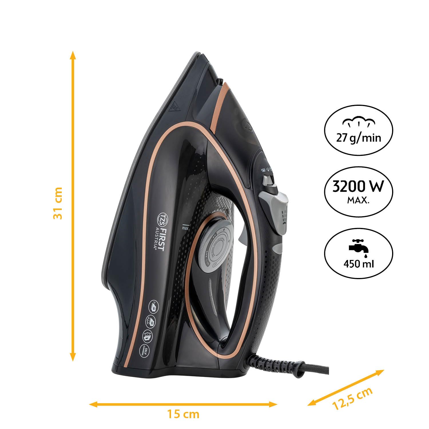 Ferro da stiro a vapore TZS First Austria I 2800-3200 W I piastra in ceramica I autopulizia I vapore verticale I anticalcare I stiratura a secco I serbatoio dell'acqua da 0,45 l I 1,3 kg