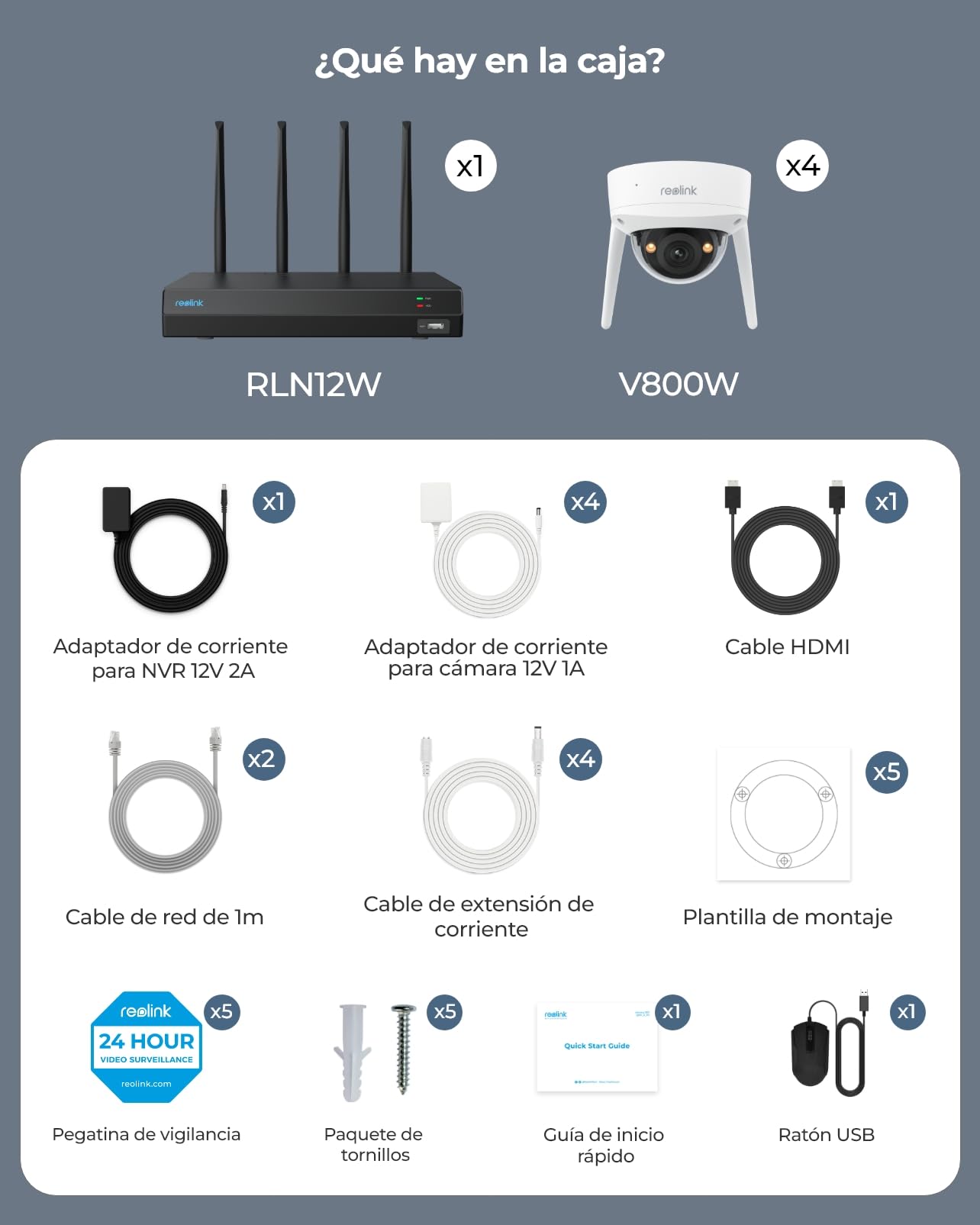 Reolink 4K Wi-Fi 6 Kit Cámara de Vigilancia, con 4 Cámara de Seguridad, Detección Inteligente, Visión Nocturna a Color, NVR Wi-Fi 12 Canales HDD 2TB (RLK12-800WV4)