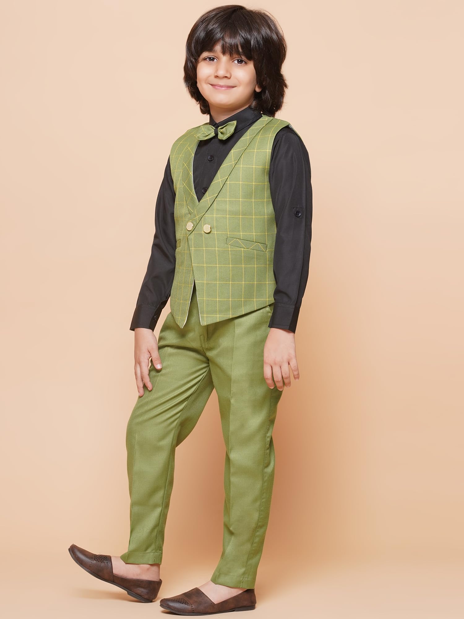 AJ DEZINES Kids Cotton Blend Green Checkered Clothing Suit Set for Boys with Waist Coat (757-GREEN-5) - Image 6 thumbnail