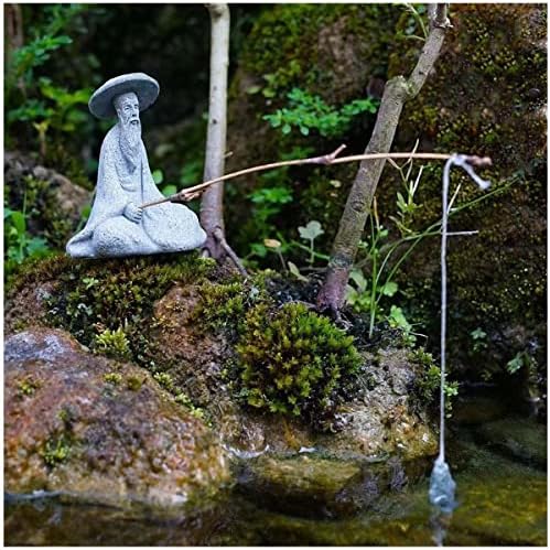 livelyfish Aquarium Mini Fisherman Statue Asian Zen Decoration Sitting Fishing Figurines Sandstone Vintage Ornament for Fish Tank Pot Garden Home Japanese Decor, B