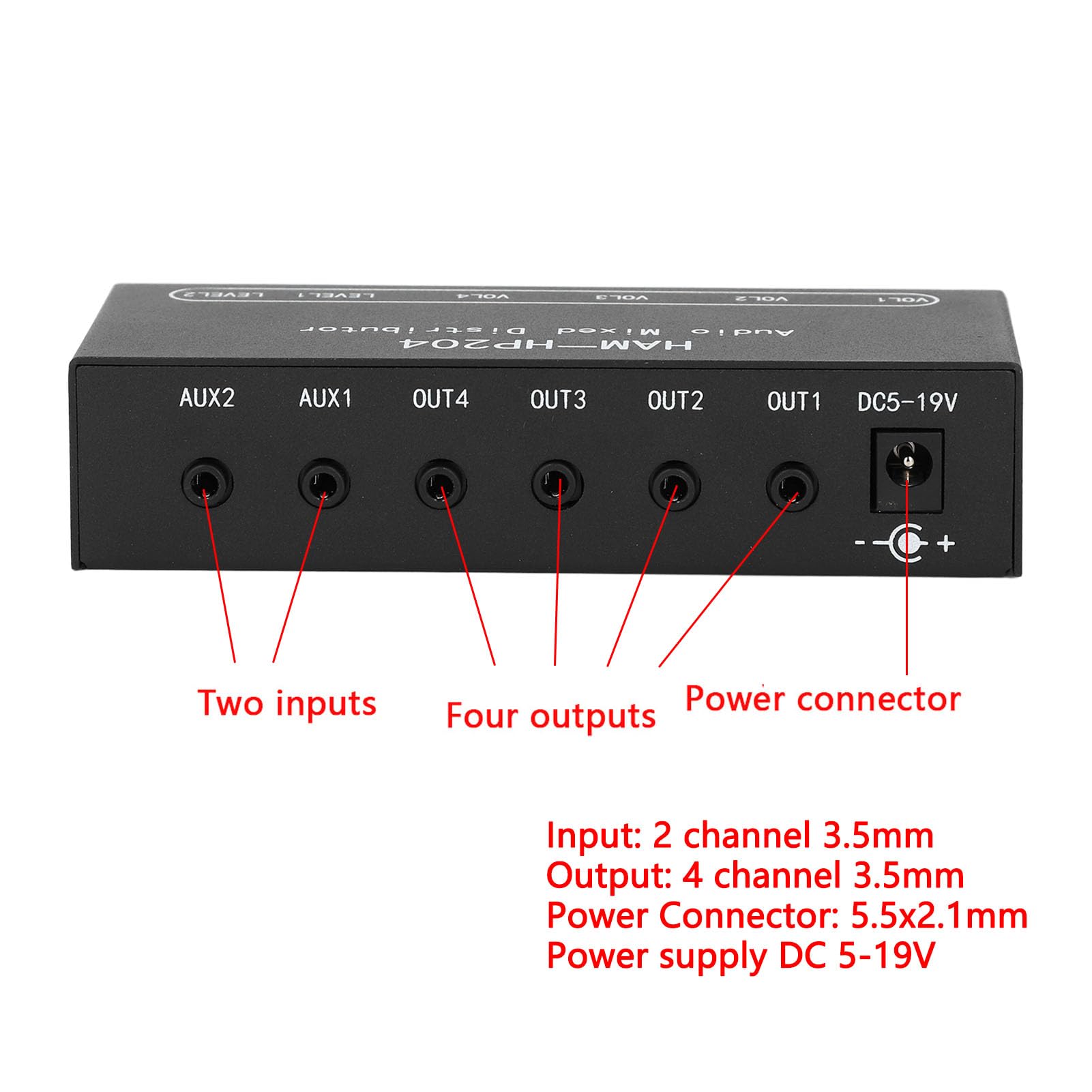 Distributore Mixer Stereo, Mixer Audio HiFi da 3,5 Mm a 6 Canali Amplificatore per Cuffie Switcher Splitter Mixer 2 Ingressi 4 Uscite Controller Audio per Cuffie Amplificatore
