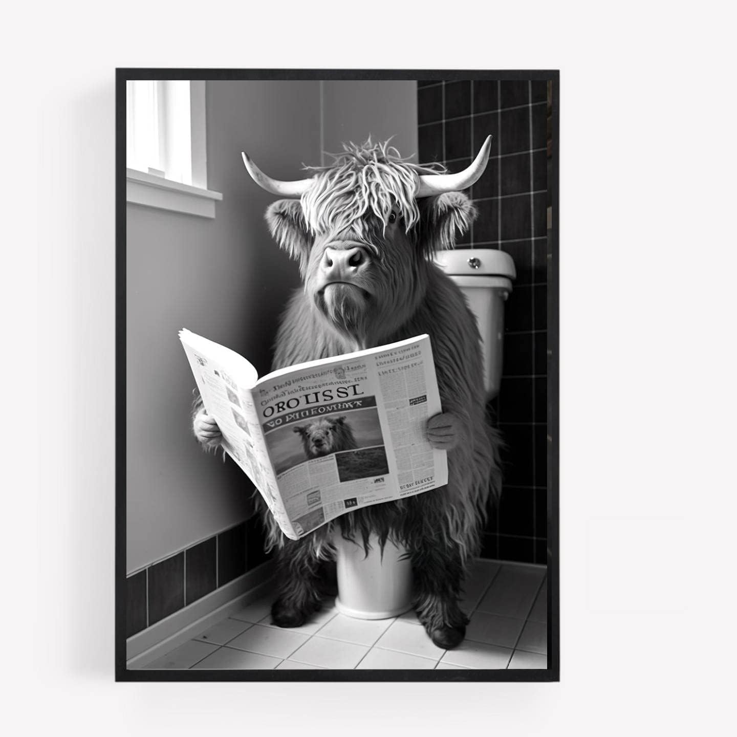 gfc Funny Bathroom Toilet animal Print Picture Poster highland cow on a toilet reading newspaper A4 UNFRAMED wall art Home decor Decorating
