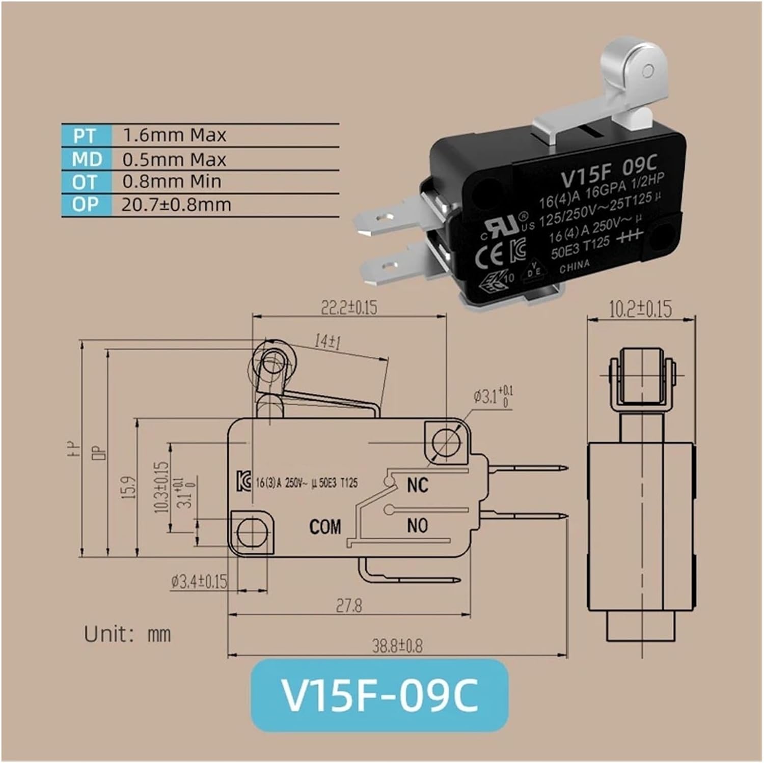 Travel Limit microswitch with Silver Contacts for Tactile Control V15F-01C