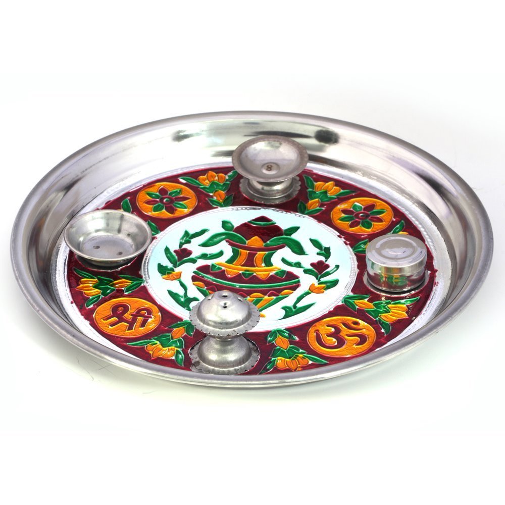 Little India Meenakari Work Shubh Labh Fancy Kalash Pooja Thali (416, Silver) - Image 2 thumbnail