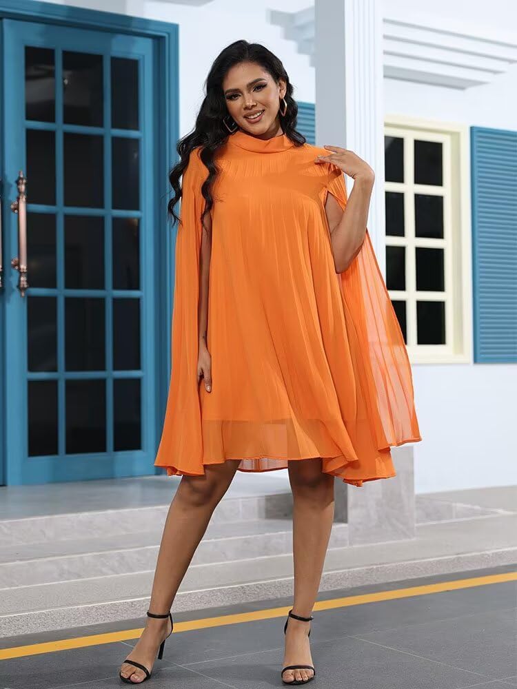 Women’s Casual Cape Sleeve Pleated Split Short Dress Loose Fit Cocktail Party Flowy Dress - Image 4