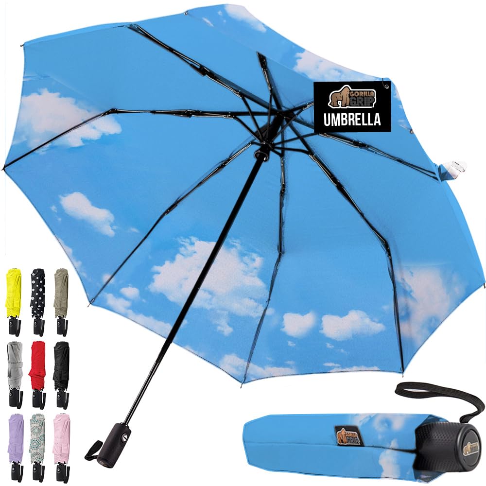 Gorilla Grip Windproof Compact Stick Umbrella for Rain, One-Click Automatic Open and Close, Strong Reinforced Fiberglass Ribs, Easily Collapsible, Lightweight Portable Umbrellas for Travel, Sky Blue