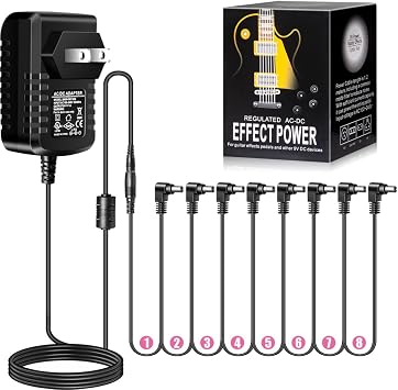 Guitar Pedal Power Supply Adapter 9V DC 1A Tip Negative 8 Way Daisy Chain Cables for Guitar Effect Pedal