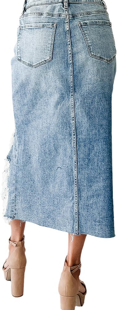 Women's Preppy Ripped Slit Denim Skirt Frayed Raw Hem Asymmetrical Trendy Midi Western Jean Skirts