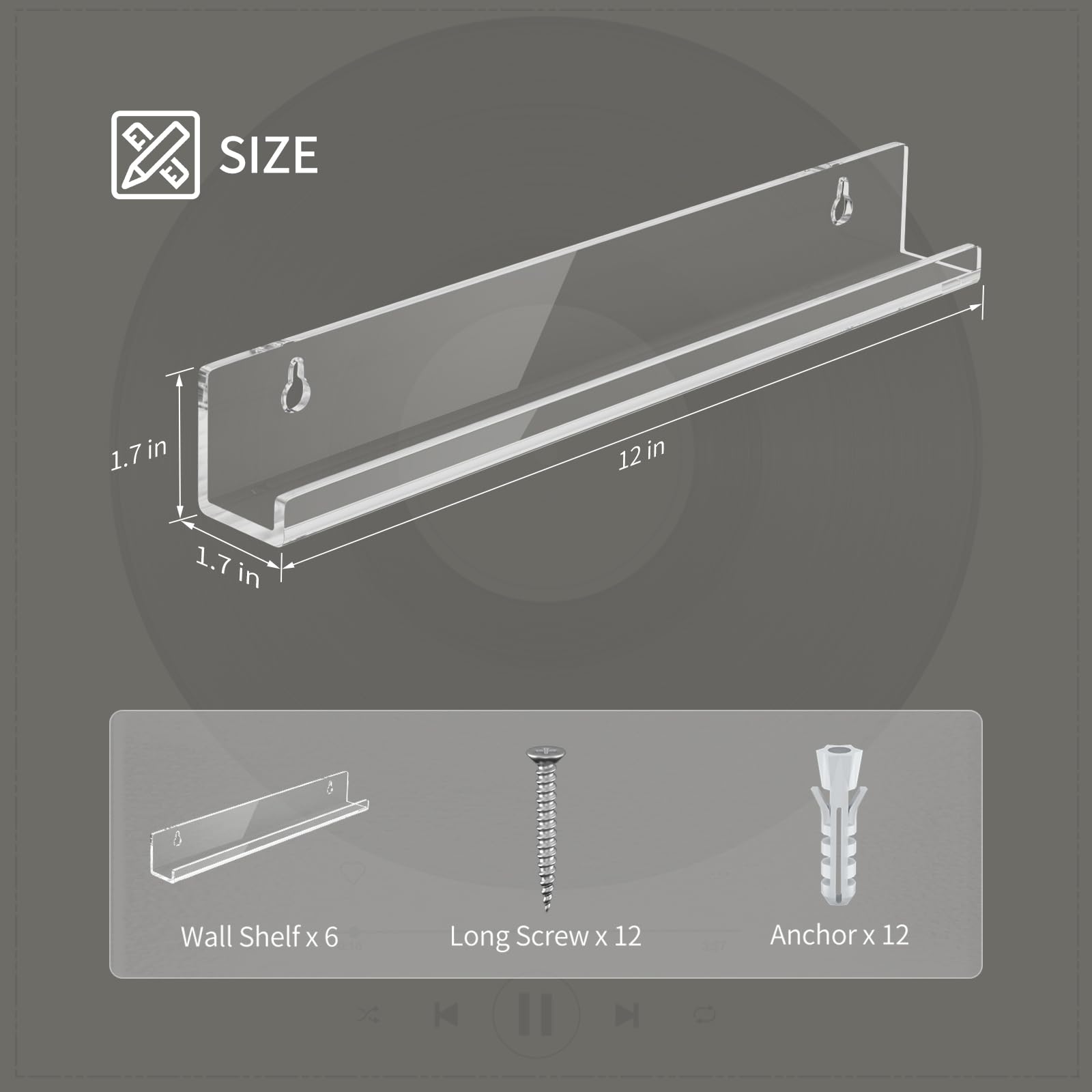 AITEE Vinyl Record Shelf Wall Mount: 6 Pack Acrylic Clear Floating Vnyl Shelves for Album LP Storage & Display - Image 3