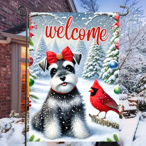 Image of BlissYard Welcome Garden Flag Double Sided 12x18 Flag Winter Christmas Cardinal Dog Garden Flag Welcome Winter Puppy And Cardinal Flag Design For Festive Outdoor Decoration Lawn Yard Banner