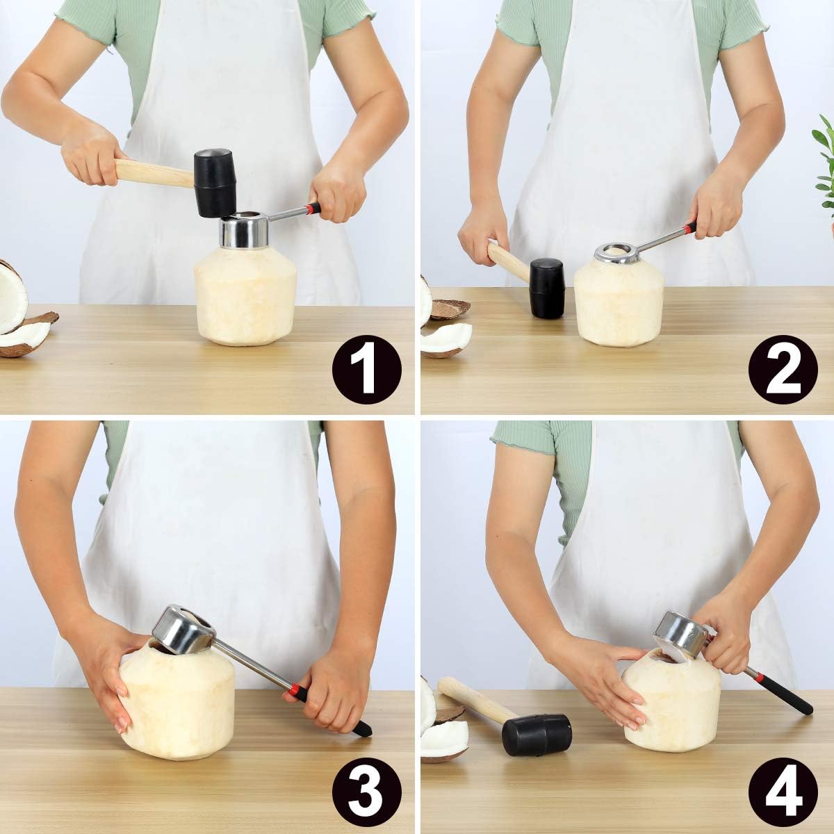 Stainless Steel Coconut Opener Set with Rubber Mallet for Young Coconut