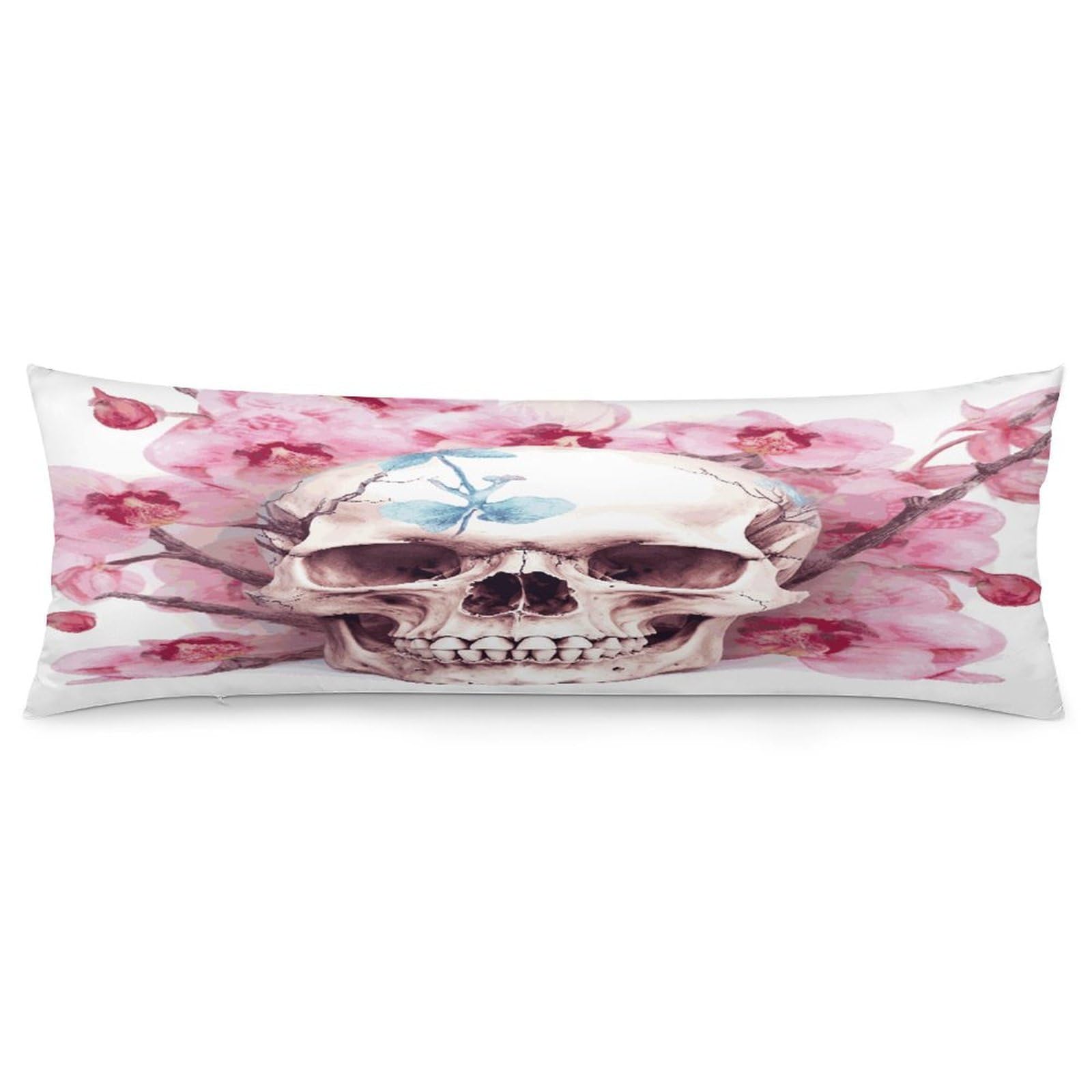 Human Skull Pink Flowers Pillowcase Long Body Pillow Cover Soft Decorative Body Pillow Case Breathable Large Pillowcase Cute Cozy Pillow Protector for Bed Sofa Couch Room 18.9 X 53 Inch