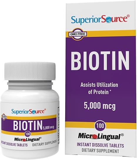 Superior Source Biotin 5000 mcg. Under The Tongue Quick Dissolve MicroLingual Tablets, 100 Count, Supports Healthy Hair, Skin, and Nail Growth, Helps Support Energy Metabolism, Non-GMO Superior Source Biotin 5000 mcg. Under The Tongue Quick Dissolve MicroLingual Tablets, 100 Count, Supports Healthy Hair, Skin, and Nail Growth, Helps Support Energy Metabolism, Non-GMO