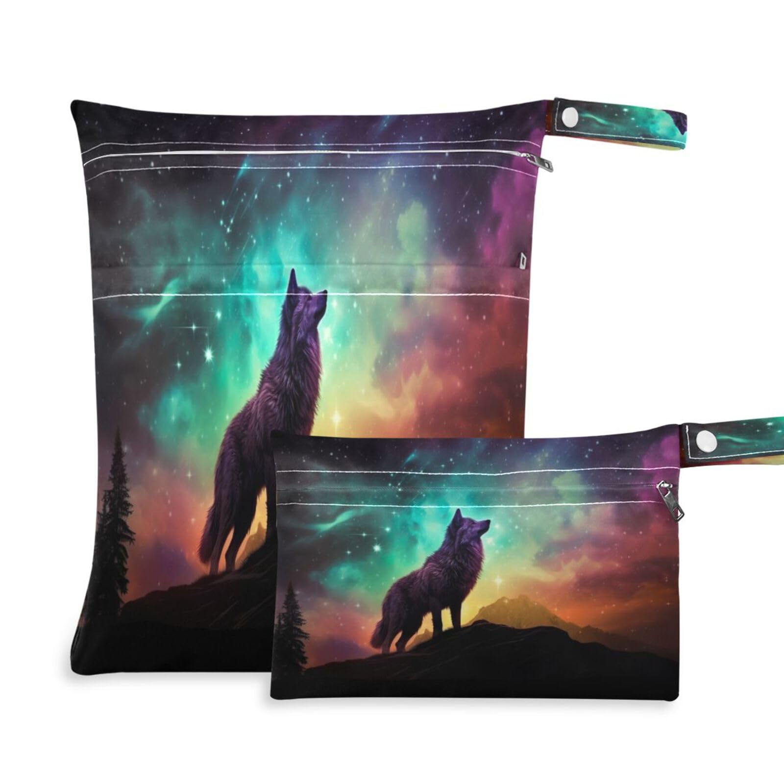 ATTX Dreamscapes Wolf Wet Dry Bags 2-Pack - Reusable Cloth Diaper Storage for Travel, Beach & Gym | Multi-Use Waterproof Bags for Swimsuits, Baby Clothes, Sports Gear#254