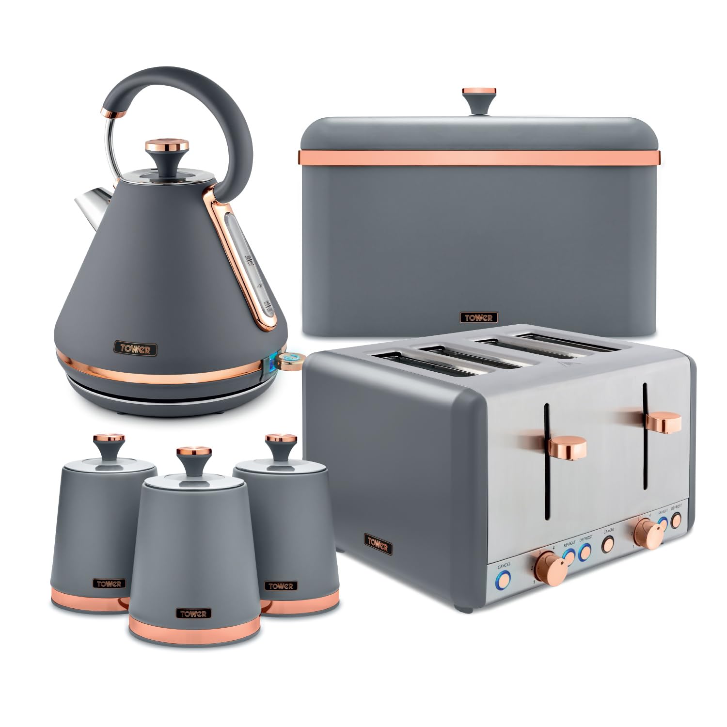 Tower Cavaletto 4 Piece Kitchen Set, 3kW 1.7L Pyramid Kettle, 4 Slice Toaster, Bread Bin & 3 x 1.3L Canisters, Grey, EEJB474
