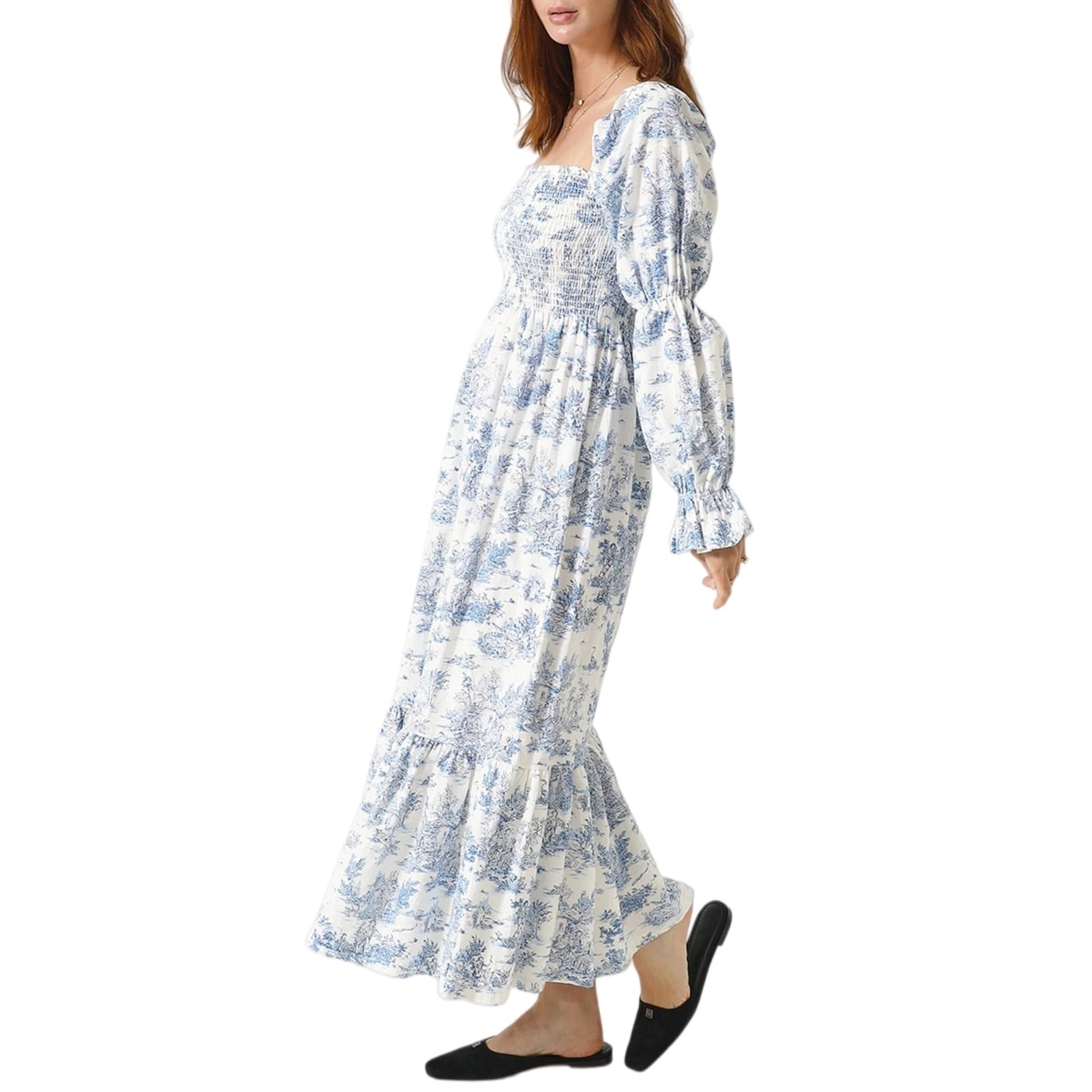 Vestito Donna Floral Midi Abito Fuori Spalla Quadrato Collo Puff Manica Lunga Elegante da Sposa Ospite-White-l