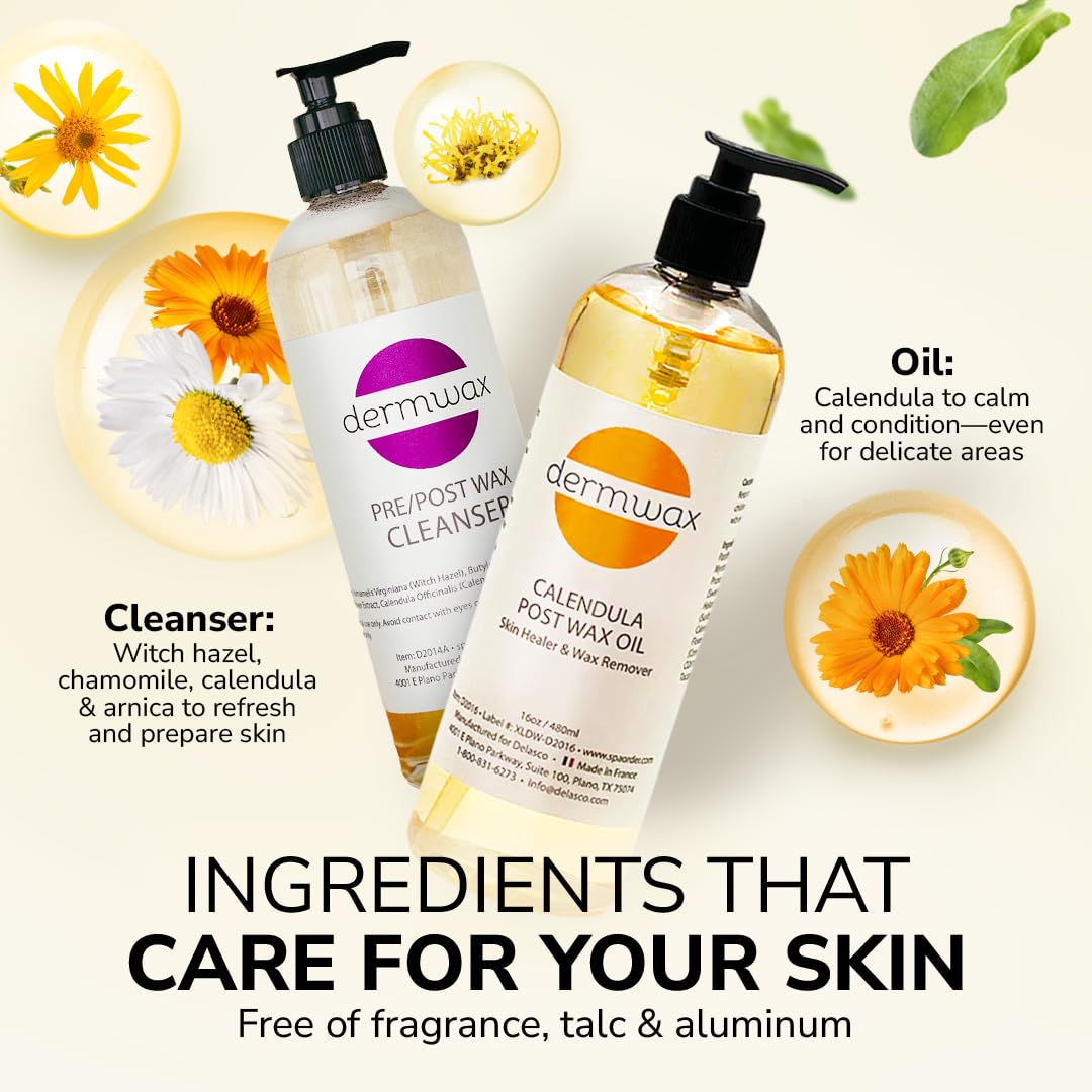 Pre and Post Wax Care Kit – Complete Prep & Aftercare in One Set – Cleanser Removes Oils & Residue – Calendula Oil Calms & Nourishes Skin – Gentle, Paraben-Free Formulas