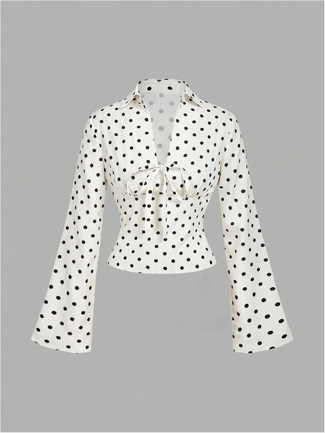 MakeMeChic Women's Business Polka Dots V Neck Blouse Tie Front Bell Sleeve Fitted Tops - Image 6