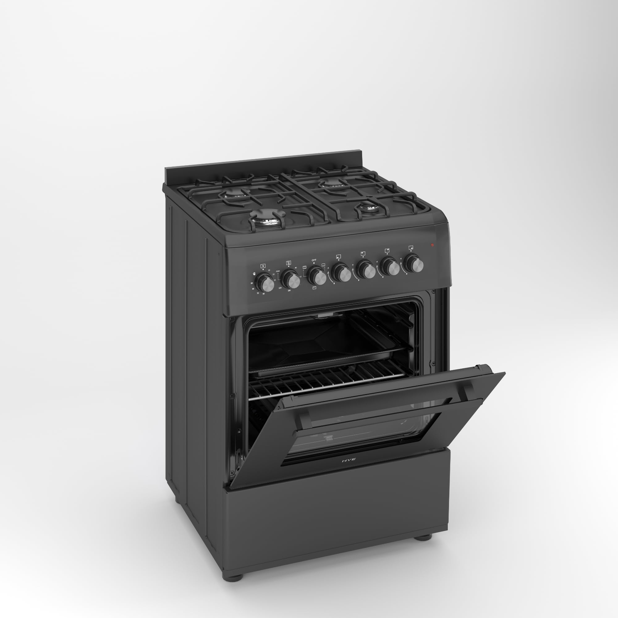 HYE Cooker - Gas Cooker With 4 Gas Burners, 62L Electric Oven, 60cm Width, Modern Freestanding Design, Black, Ideal For Family Homes - C01FS60G17 — view 3