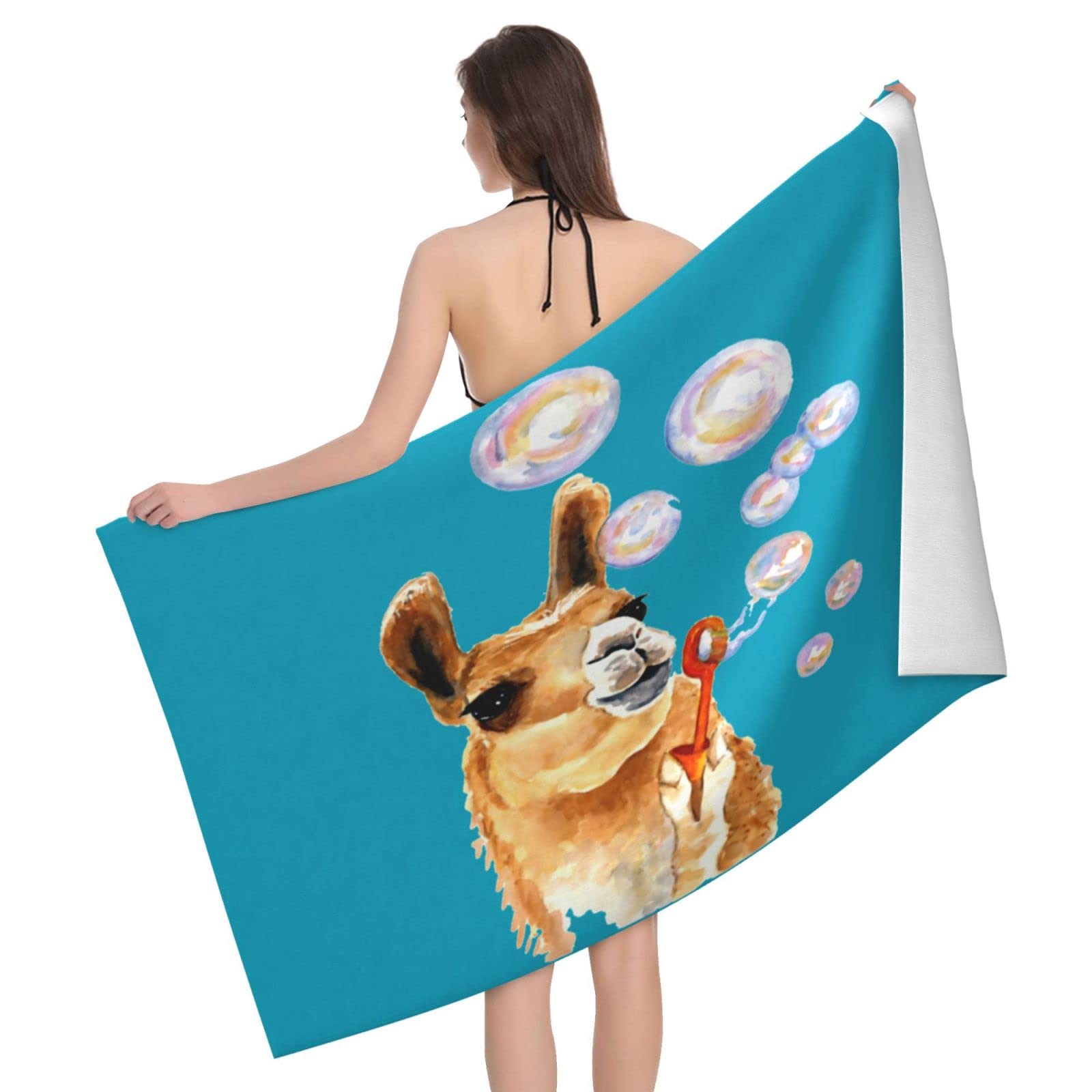 Lawenp Llama Blowing Bubbles Beach Towel, Lightweight Sand Free Quick Dry Microfiber Absorbent Bath Towel for Kids, Adults, Swimming, Bath, Yoga, Pool, Travel, Camping 32"X52"