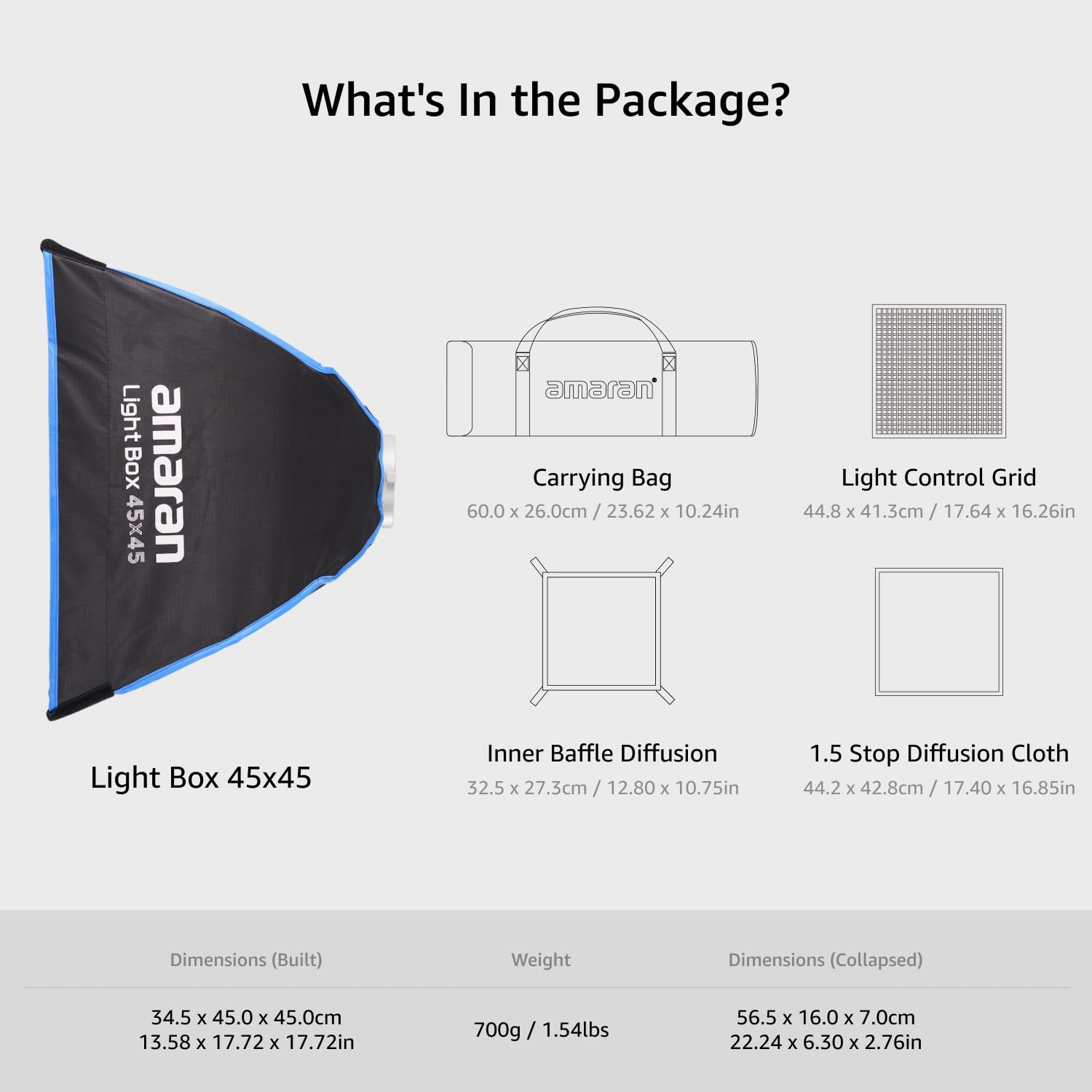 Amaran Light Box 45x45cm Softbox con Montura Bowens, Modificador de Luz Cuadrado de Instalación Rápida con Difusión & Rejilla para Foto & Video, Portátil y Ligero con Bolsa de Transporte
