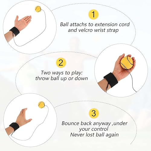 Miniatura 5 de 4 bolas de retorno de muñeca, pulsera de bola de rebote de goma de 2 pulgadas en una cuerda deportiva de muñeca, incluye baloncesto, béisbol
