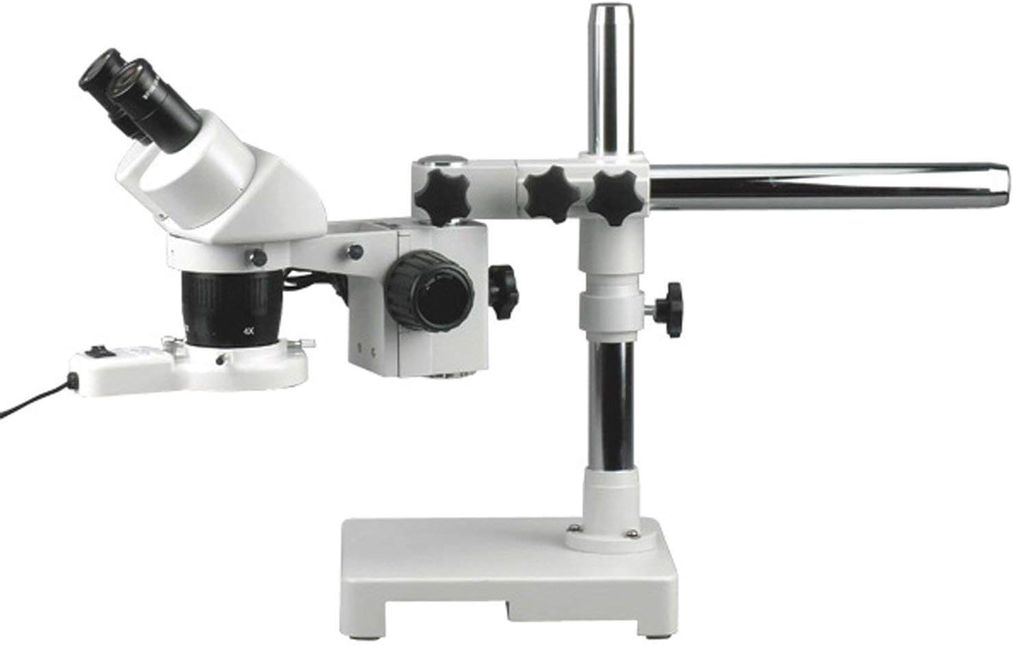AmScope SW-3B24Z-FRL Binocular Stereo Microscope, WH10x Eyepieces, 20X/40X/80X Magnification, 2X/4X Objective, Single-Arm Boom Stand, 8W Fluorescent Ring Light, 110V-120V, Includes 2.0x Barlow Lens
